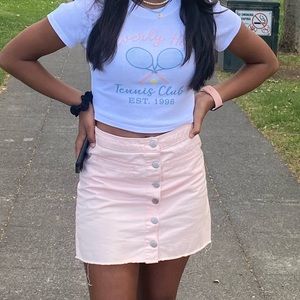 adorable pink denim button down skirt